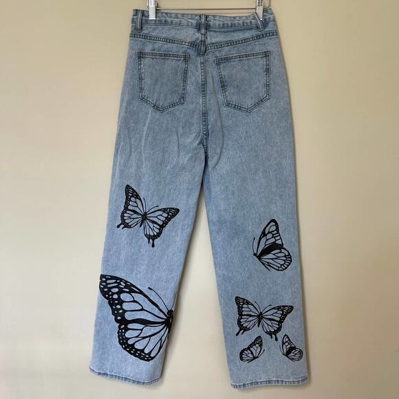 90s Y2K JEANS High Rise Butterfly Wide Boho Baggy Light Wash Size Medium - Picture 6 of 11
